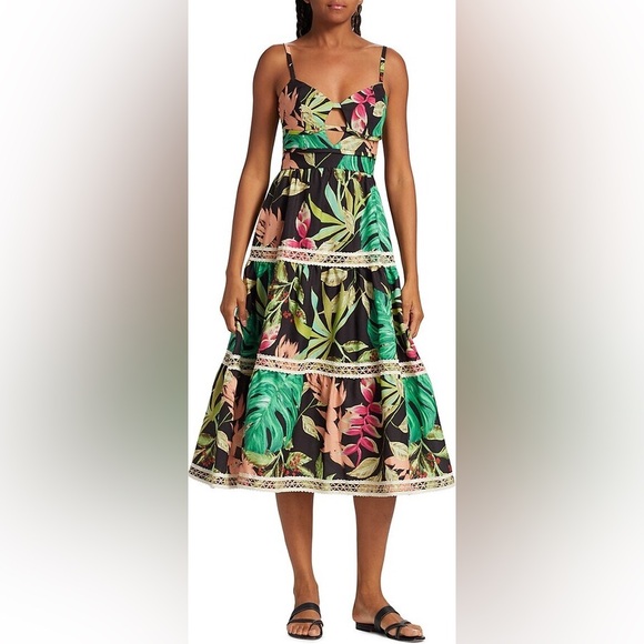PatBO Tropicalia Floral Jute Trim Midi Dress